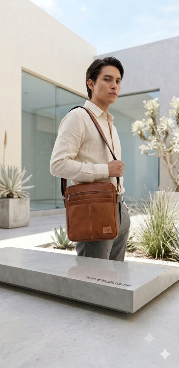 Manos libres Unisex 1 sofisticado bolso de manos libres unisex en un vibrante tono marrón tostado, exhibido de manera premium. El bolso, de forma rectangular estructurada, está confeccionado en cuero curtido de alta calidad, con un acabado texturizado y mate.